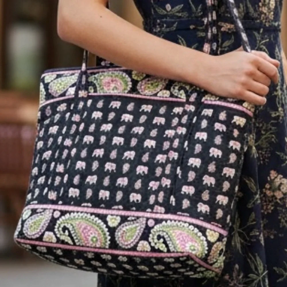 Vera Bradley Retired Pink Elephant Print Tote Bag - Black and Pink
